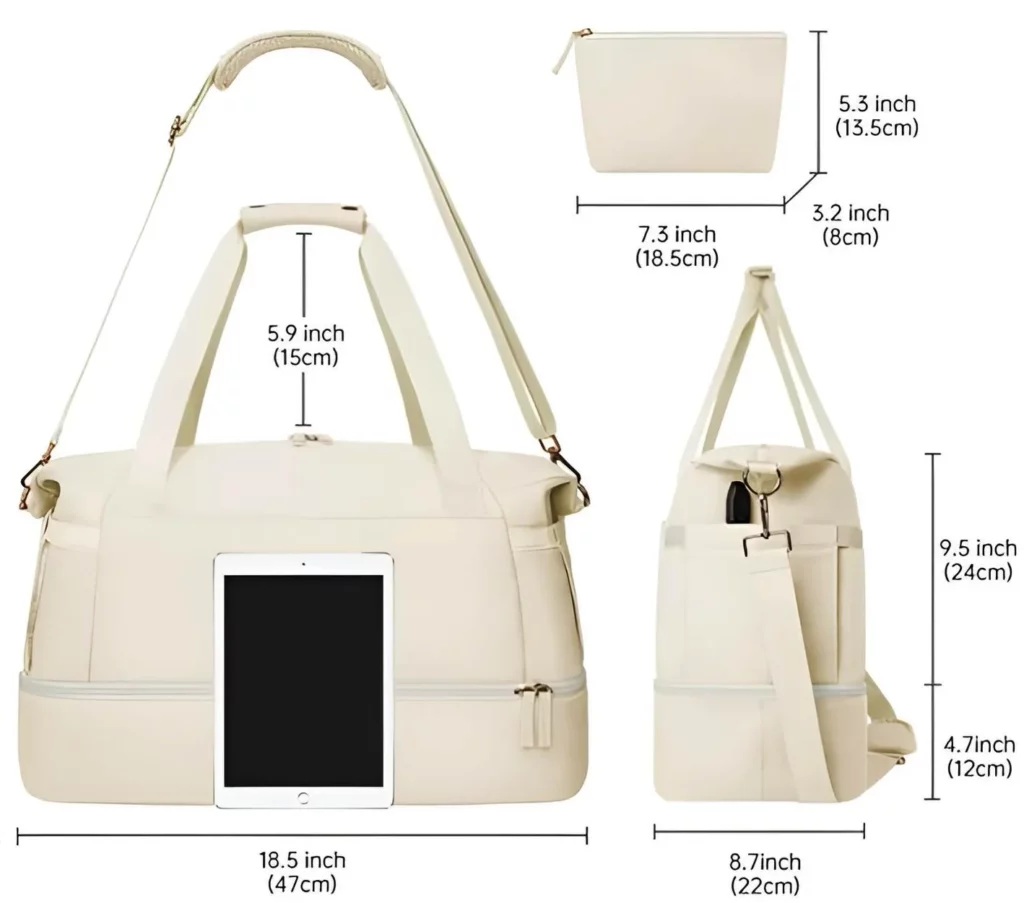 Beige axelväska för dam med praktisk necessär, rymlig design med många fack, bekväm som handbagage.