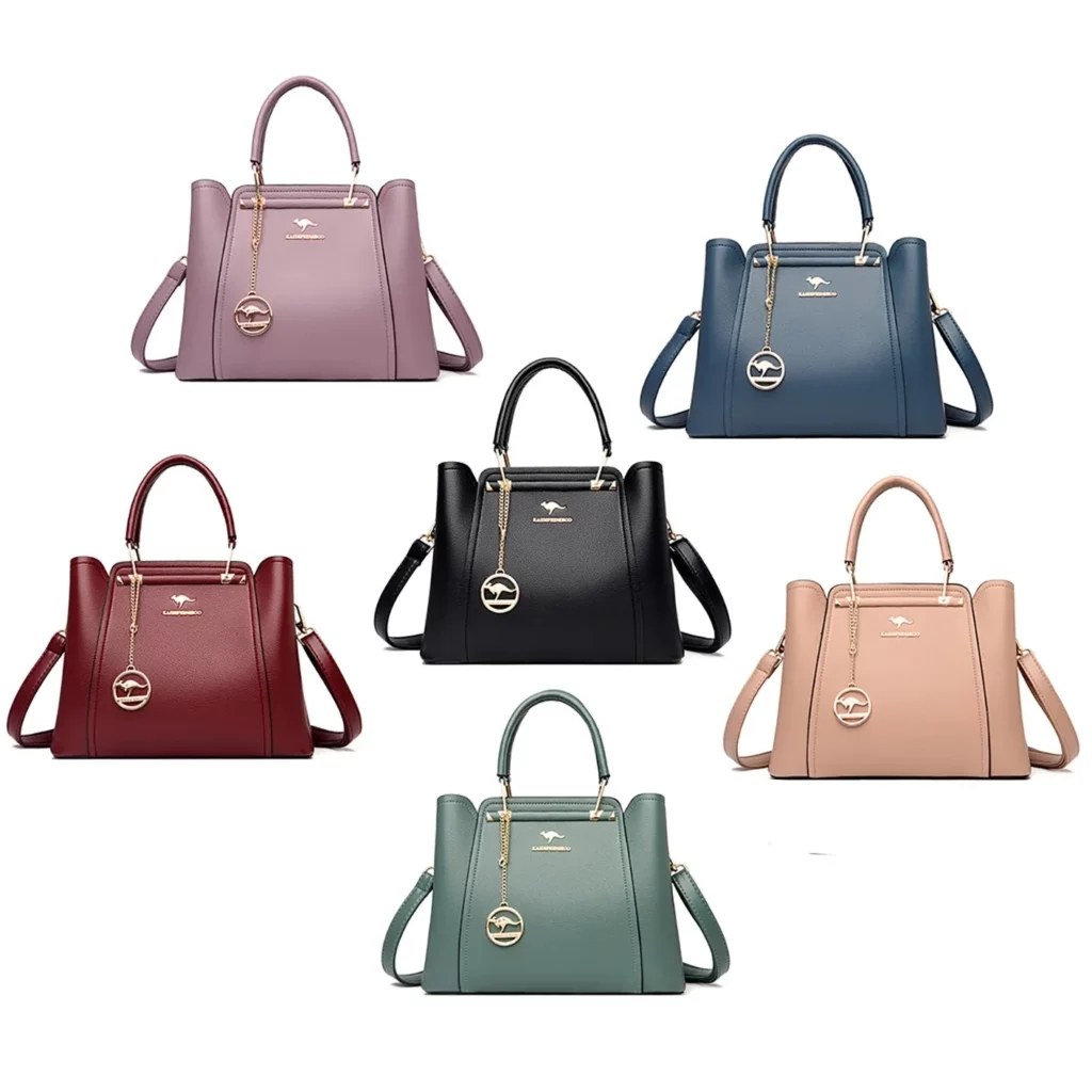 PU-läder damväska i flera färger : vinröd, grön, lila, blå, svart och beige. Lyxig design med gulddetaljer för varje outfit.