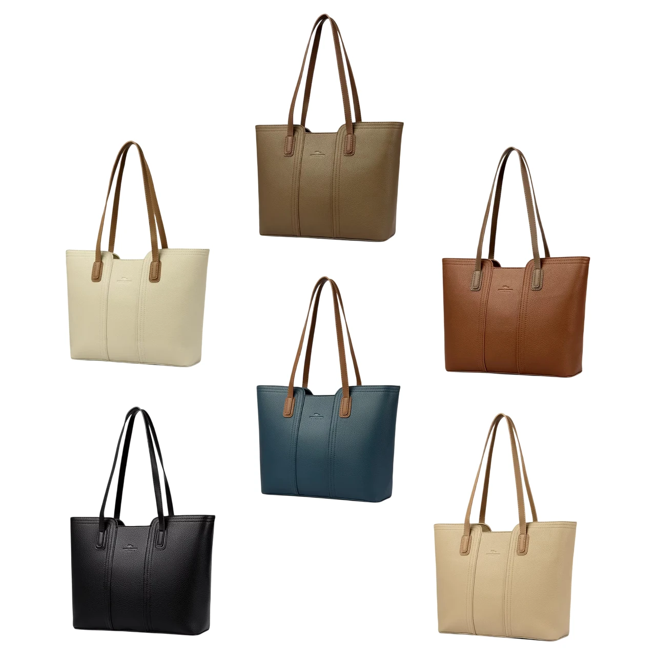 Samling av stora shopperväskor i blå, svart, beige, khaki och bruna toner. Varje tote bag har långa handtag för komfort
