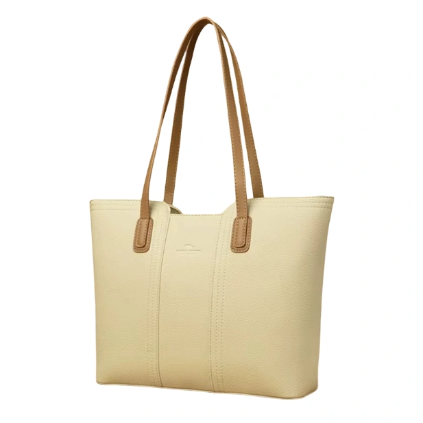 Klassisk beige shopperväska för dam i PU-läder. Enkel men chic design som passar både till kontoret och vardagens alla tillfällen.