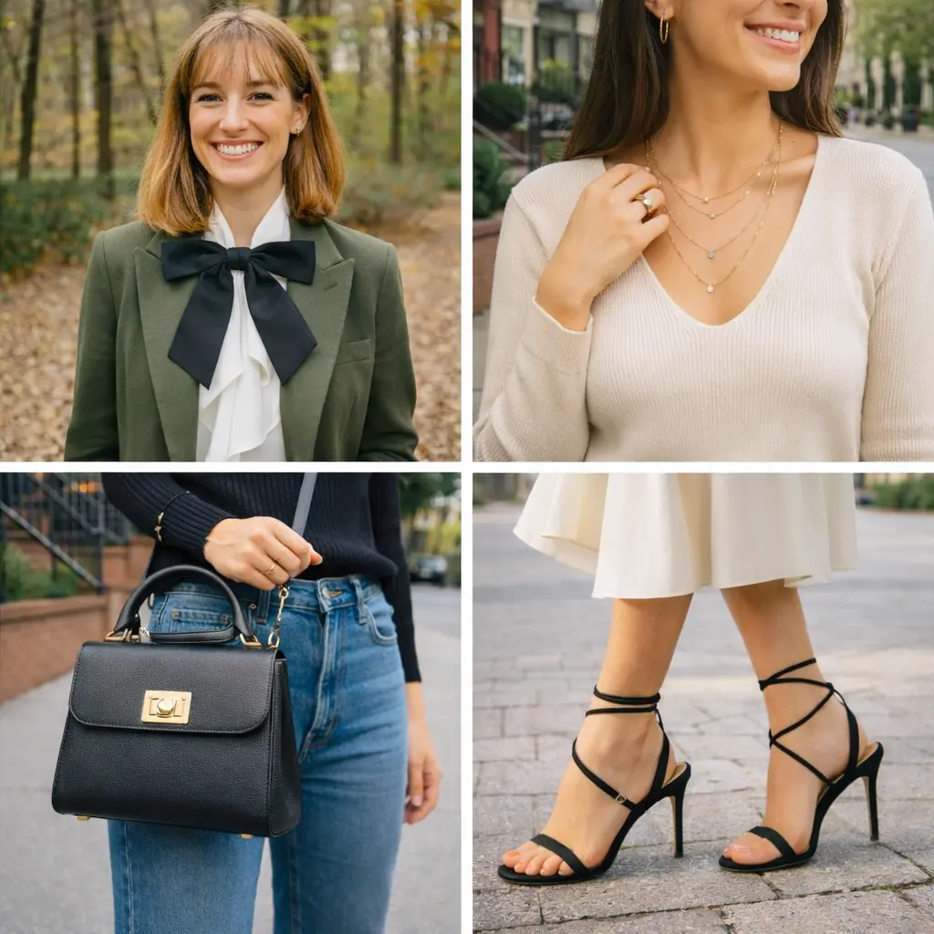 Accessoarer mode 2025 i UGC-stil med lavallière, minimalistiska smycken, strukturerad väska och eleganta sandaler i stadsmiljö