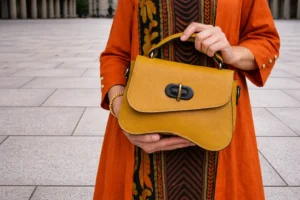 Elegant fransk handväska som bärs med stil i stadsmiljö. Perfekt för kvinnor som söker tidlös design, kvalitet och modern elegans.