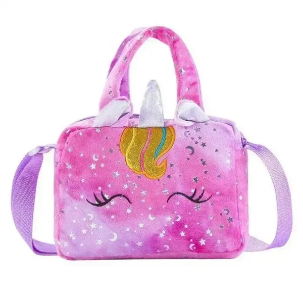 Färgglad handväska barn i mjuk plysch med enhörningsmotiv och justerbar axelrem. Lekfull design i rosa och turkosa toner, perfekt för skola och kalas.