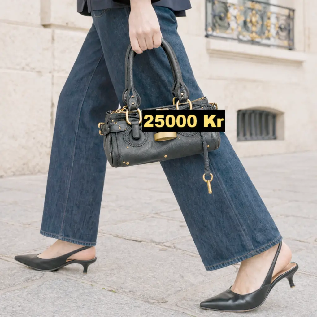 Lyxig Chloé Paddington handväska från 2004 i svart läder med gulddetaljer. Trendig modeaccessoar som gör comeback 2026.