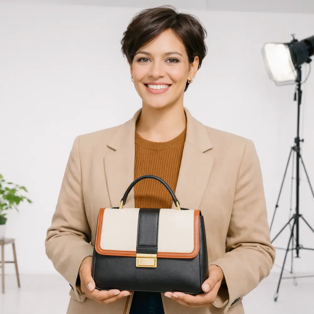 Kvinna med kort brunt har visar elegant handvaska i studio, stilren design med svart, beige och bruna detaljer, perfekt for vardag och arbete