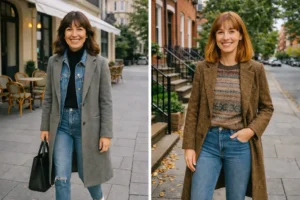 Sommarmode 2025 street style med jeans, kappa och strukturerad väska, modern och trendig look i urban miljö