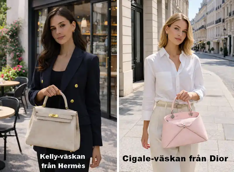 Elegant kvinna bär en ljus designerhandväska i solig stadsmiljö, vilket skapar en lyxig och trendig look perfekt för våren 2026.