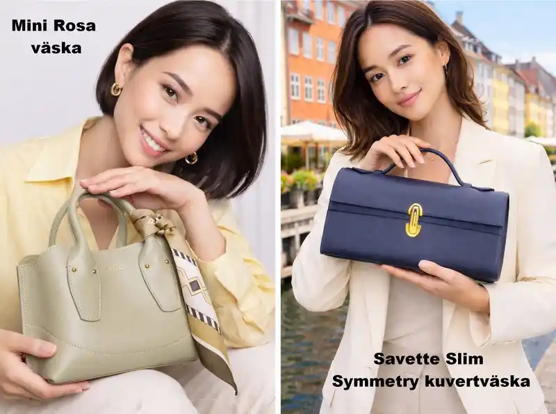 Trendiga handväskor i olika färger och stilar visas av eleganta kvinnor, perfekt inspiration för lyxmode och vårens accessoarer 2026.