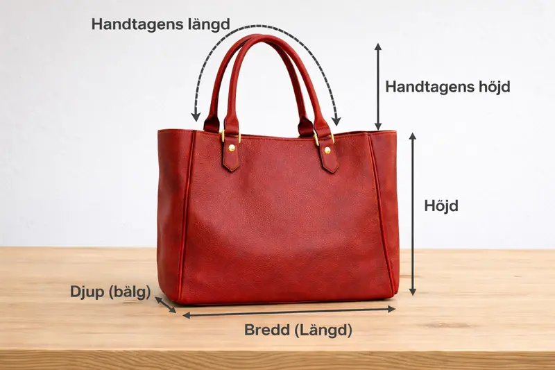 Röd handväska med tydliga mått och dimensioner visar bredd höjd djup och handtagens längd perfekt guide för att välja rätt väska