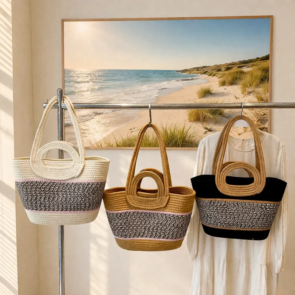 Strandväskor i vitt, beige och svart. Stilrena modeller med vävt mönster för sommarens alla looks.