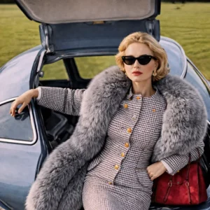 Elegant kvinna i 1950-talsstil sitter vid en bil med lyxig päls och röd handväska i ett lantligt landskap