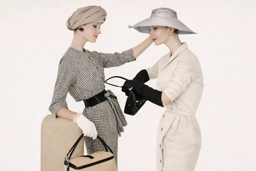 Två kvinnor i 1950-talsmode med eleganta kläder och handväskor i en minimalistisk studio med tidlös stil