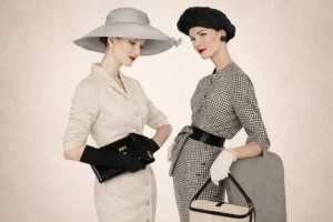 Två eleganta kvinnor i 1950-talsstil med klassiska handväskor och couturekläder i en stilren och lyxig studio
