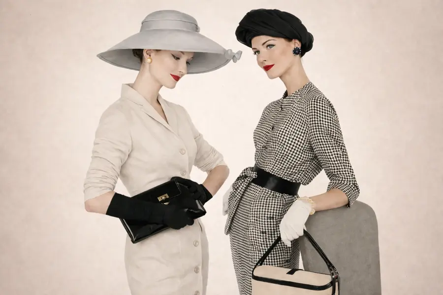 Två eleganta kvinnor i 1950-talsstil med klassiska handväskor och couturekläder i en stilren och lyxig studio