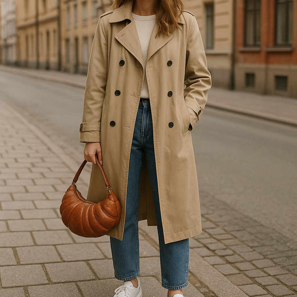 Croissant handväska stylad med trenchcoat och jeans i vardagslook