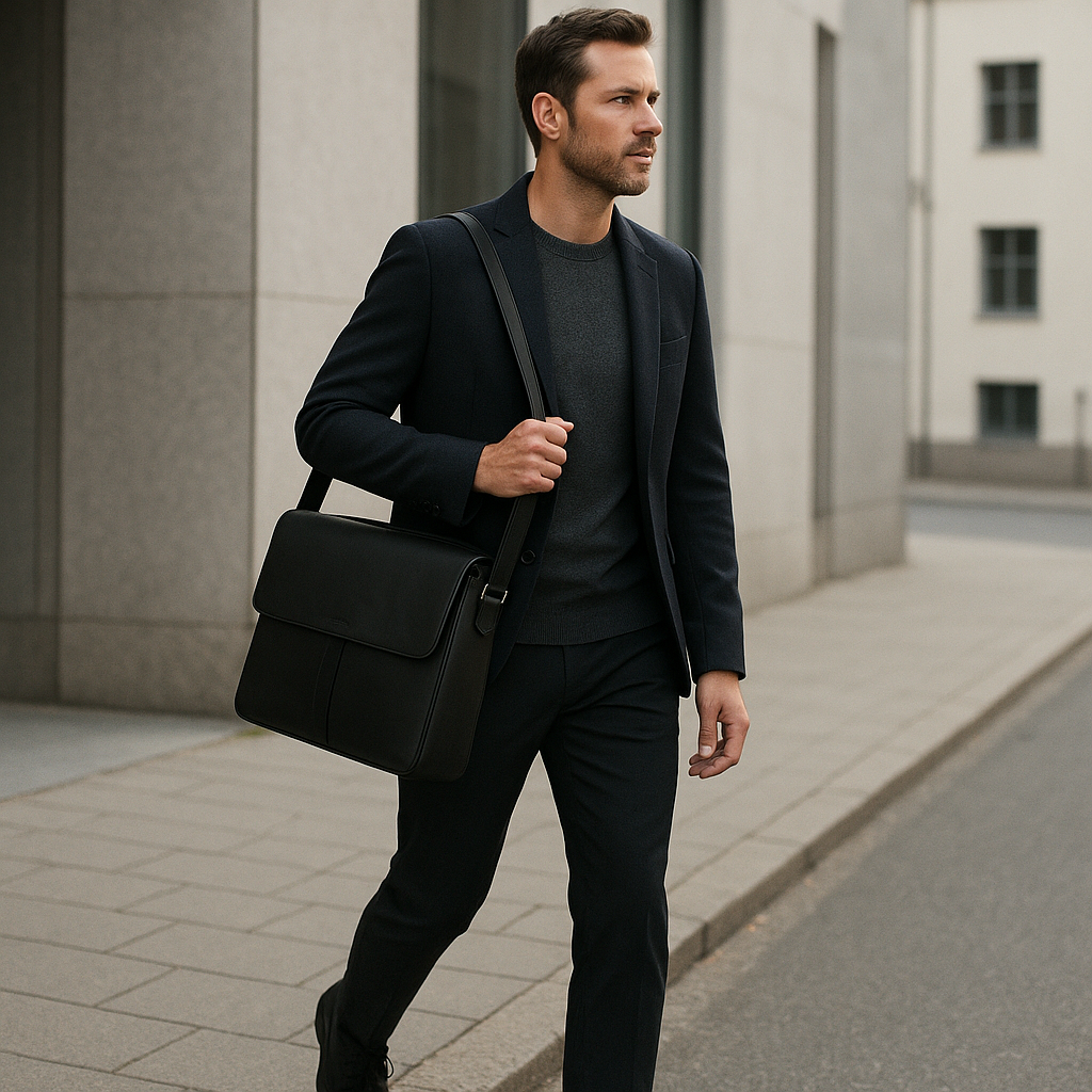 Man med stilren handväska för arbete i skandinavisk stad